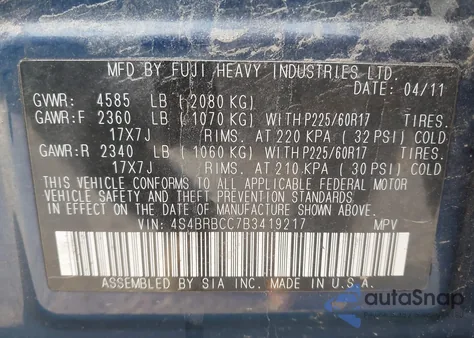 2011 Subaru Outback 2.5I Premium from USA, damaged, VIN 4S4BRBCC7B3419217